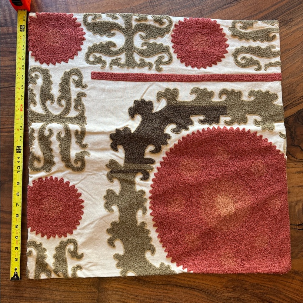 Pottery Barn Euro Pillow Sham  Abstract Bohemian Cotton Button Beige Red 26x26